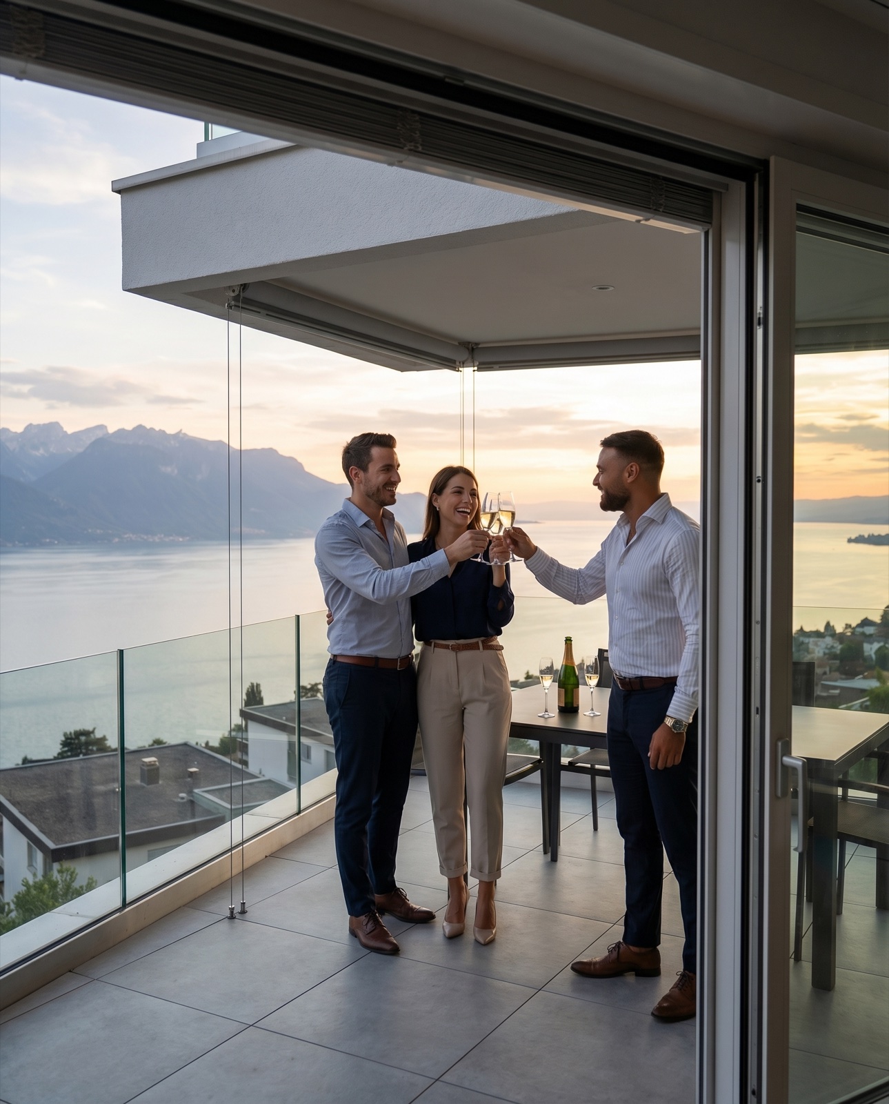Clients célébrant leur acquisition immobilière en Suisse